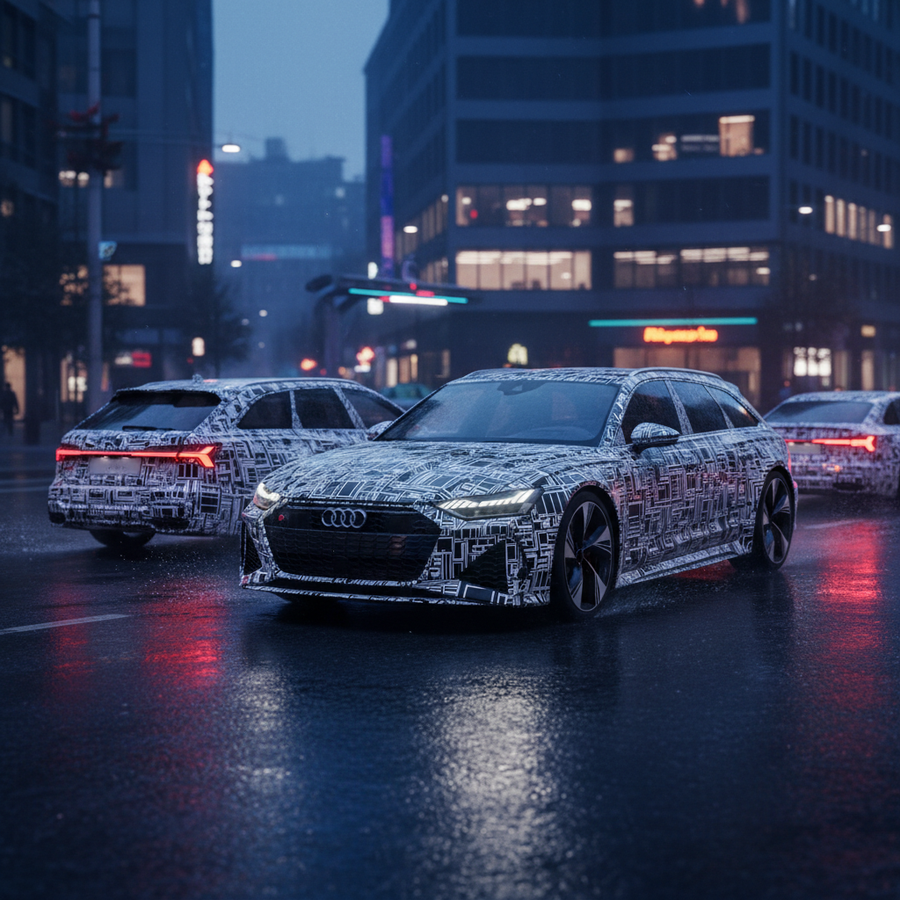Editorial, photo-realistic HERO for an automotive daily news article titled "Audi RS6 E-Tron Development Continues Amid Cancellation Rumors – Daily Ca