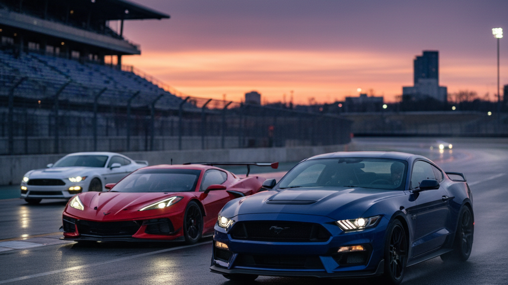 Editorial, photo-realistic HERO for an automotive daily news article titled "Ford Mustang GTD Aims for Redemption against Corvette – Daily Car News (2