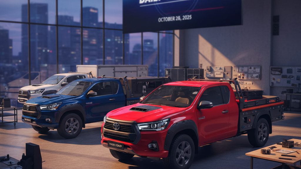 Editorial, photo-realistic HERO for an automotive daily news article titled "Toyota HiLux Champ Launches with New Modular Design – Daily Car News (202
