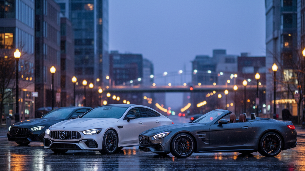 Editorial, photo-realistic HERO for an automotive daily news article titled "Mercedes-AMG Trims Models to Meet Regulations – Daily Car News (2025-11-1