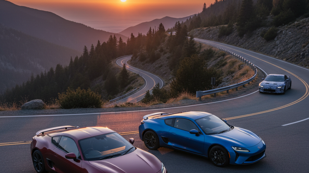 Editorial, photo-realistic HERO for an automotive daily news article titled "Toyota MR2 Nameplate Rumors Heat Up – Daily Car News (2025-12-08)". Depic