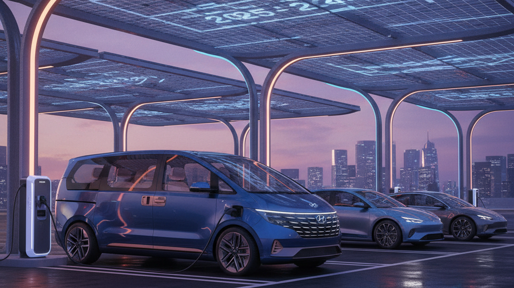 Editorial, photo-realistic HERO for an automotive daily news article titled "Hyundai Staria EV Teased Ahead of January Reveal – Daily Car News (2025-1