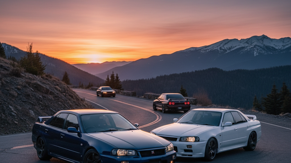 Editorial, photo-realistic HERO for an automotive daily news article titled "Nissan Skyline GT-R Autech Sedan Gains Popularity – Daily Car News (2025-