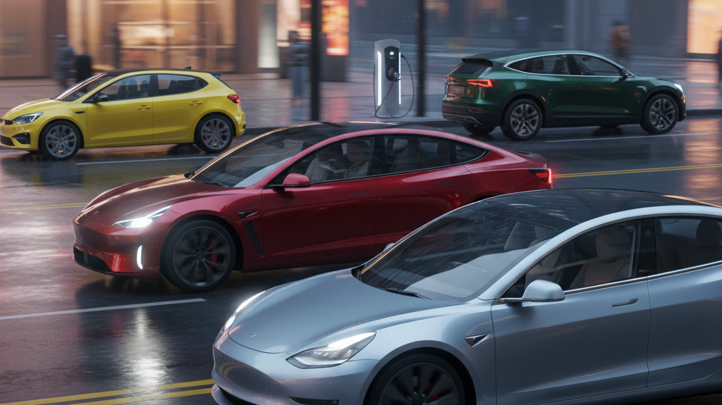 Editorial, photo-realistic HERO for an automotive daily news article titled "Tesla Model 3 Sales Slump Amid Rising Competition – Daily Car News (2026-