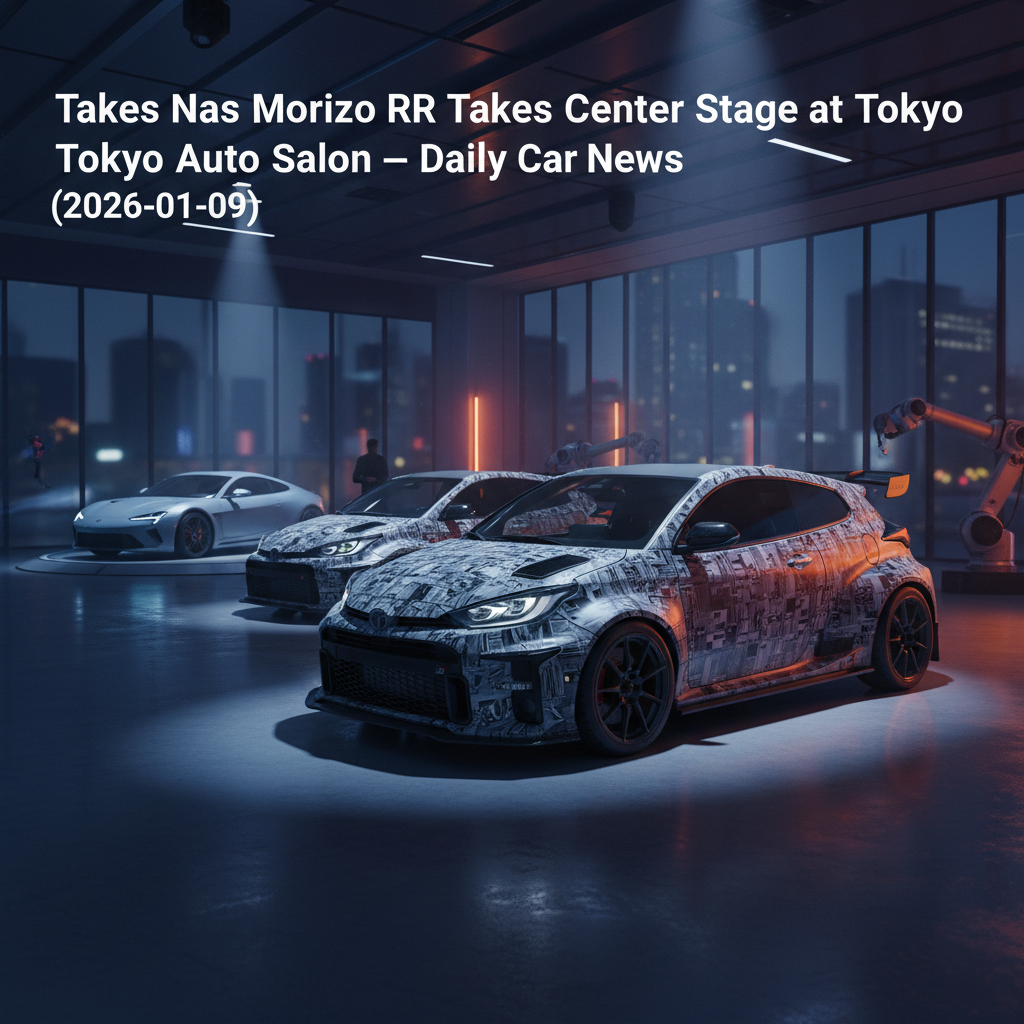 Editorial, photo-realistic HERO for an automotive daily news article titled "Toyota GR Yaris Morizo RR Takes Center Stage at Tokyo Auto Salon – Daily