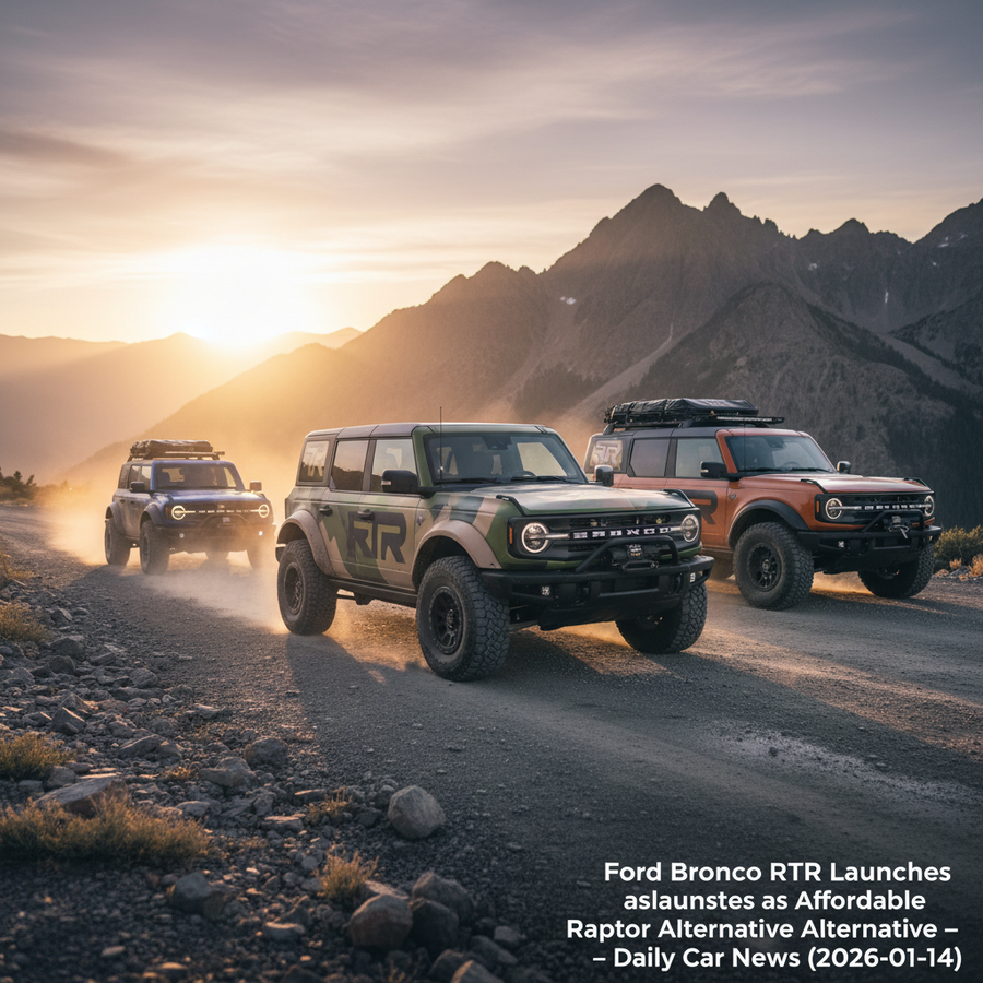 Editorial, photo-realistic HERO for an automotive daily news article titled "Ford Bronco RTR Launches as Affordable Raptor Alternative – Daily Car New