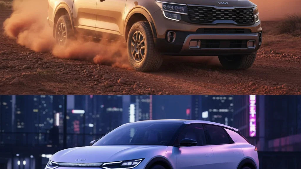 Editorial photo-realistic HERO image for automotive news (2026-01-30). Feature Kia vehicles specifically Tasman ute, EV4. Scene: A Kia Tasman ute driv