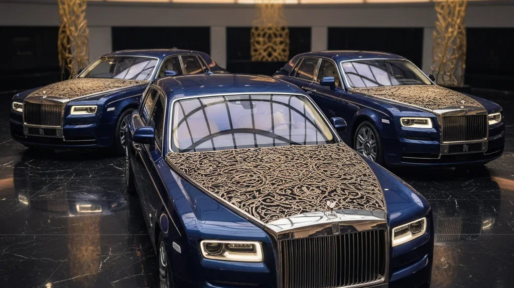 Editorial photo-realistic HERO image for automotive news (2026-02-14). Feature Rolls-Royce vehicles specifically Phantom Arabesque. Scene: A luxurious