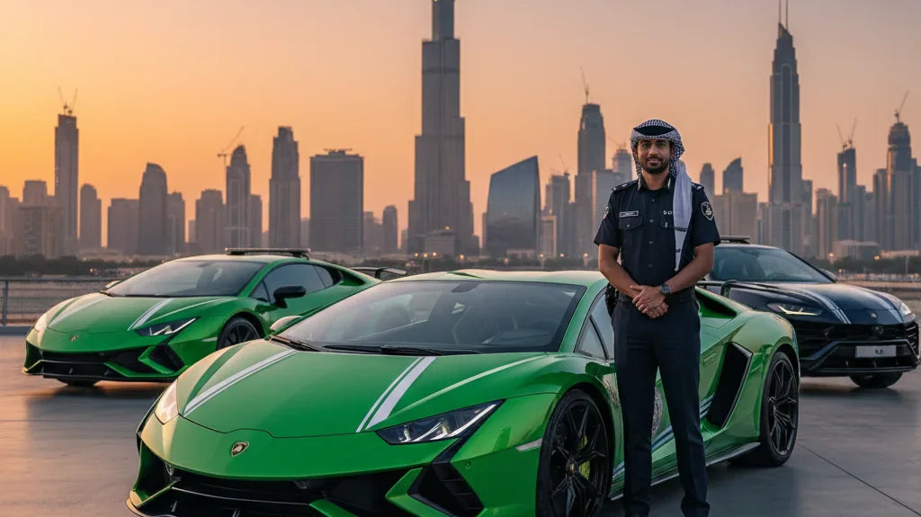 Editorial photo-realistic HERO image for automotive news (2026-02-21). Feature Lamborghini vehicles specifically Revuelto. Scene: A Dubai police offic