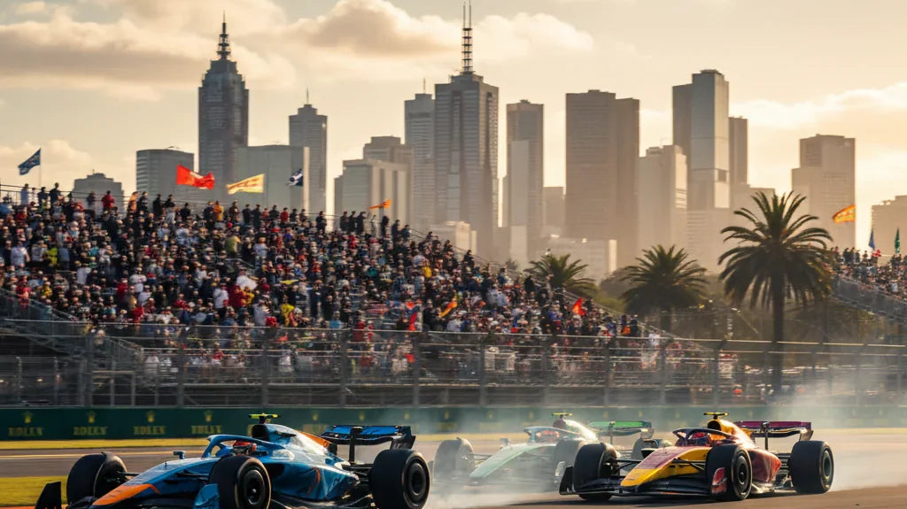 Editorial photo-realistic HERO image for automotive news (2026-03-02). Feature Formula 1 vehicles specifically 2026 Formula 1 cars. Scene: A bustling