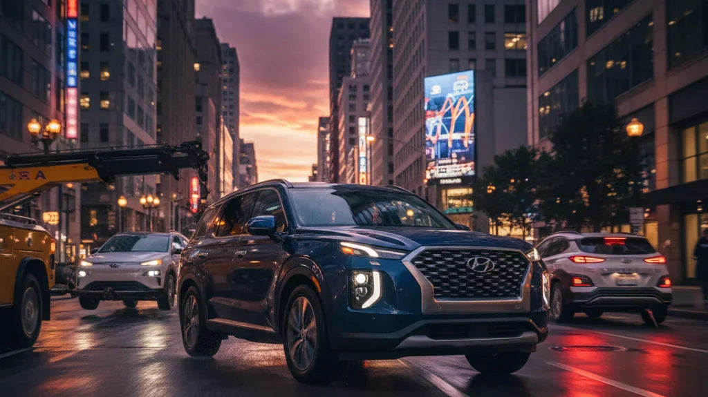 Editorial photo-realistic HERO image for automotive news (2026-03-15). Feature Hyundai vehicles specifically Palisade. Scene: A dramatic side view of