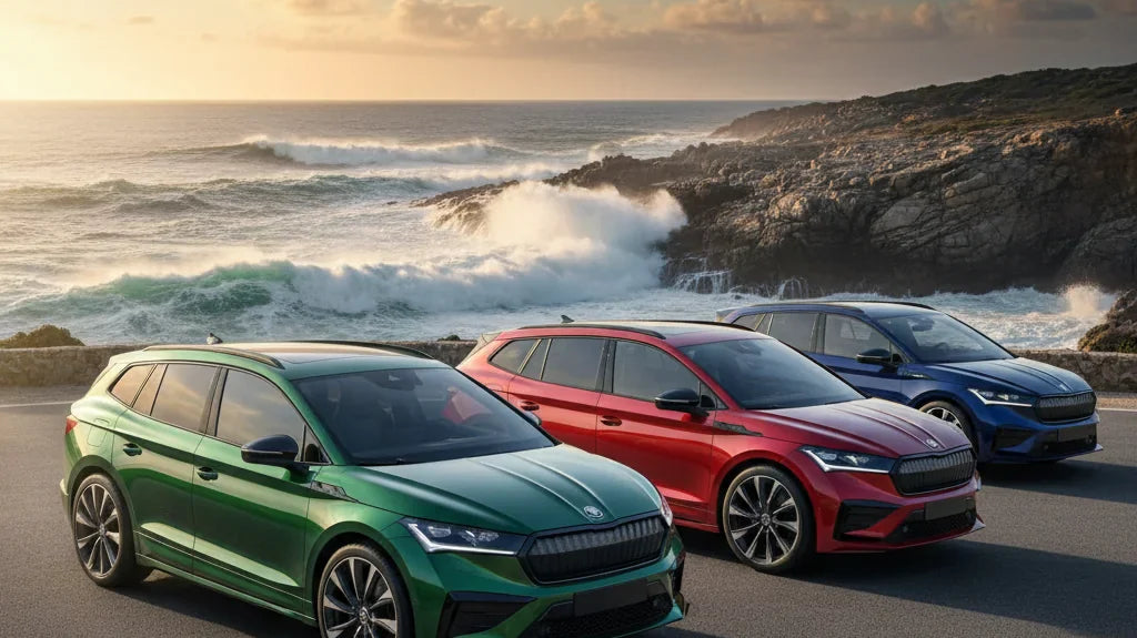 Editorial photo-realistic HERO image for automotive news (2026-03-17). Feature Skoda vehicles specifically Enyaq RS. Scene: The new Skoda Enyaq RS par