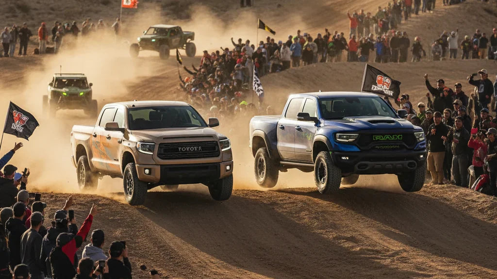 Editorial photo-realistic HERO image for automotive news (2026-03-19). Feature Toyota and Ram vehicles specifically Toyota Tundra, Ram TRX. Scene: A r