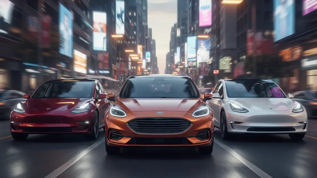 Editorial photo-realistic HERO image for automotive news (2026-04-03). Feature Ford and Tesla vehicles specifically Ford affordable EV, Tesla Model 3,