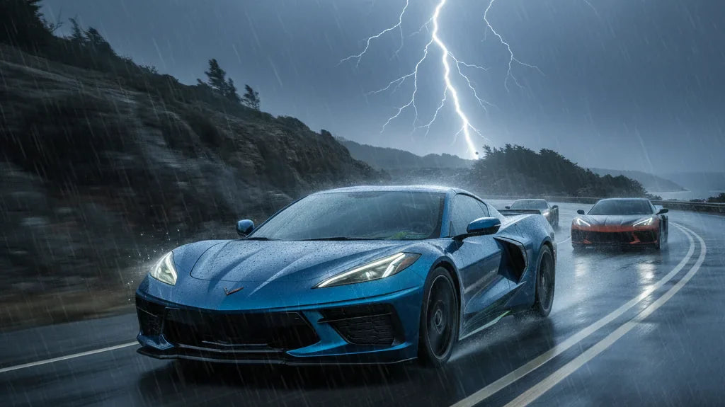 Editorial photo-realistic HERO image for automotive news (2026-04-05). Feature Chevrolet vehicles specifically Corvette hybrid. Scene: A powerful Corv