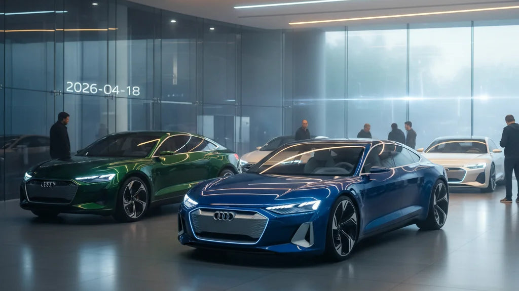 Editorial photo-realistic HERO image for automotive news (2026-04-18). Feature Audi vehicles specifically New Audi Models. Scene: A sleek, futuristic