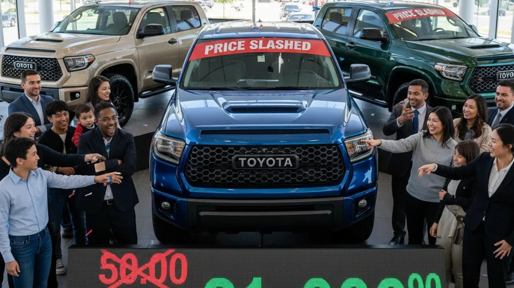 Editorial photo-realistic HERO image for automotive news (2026-05-11). Feature Toyota vehicles specifically Tundra. Scene: A dynamic dealership settin