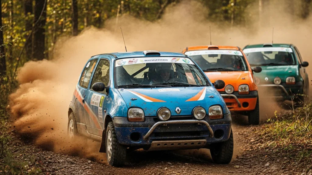 Editorial photo-realistic HERO image for automotive news (2026-05-16). Feature Renault vehicles specifically Twingo. Scene: A modified Renault Twingo