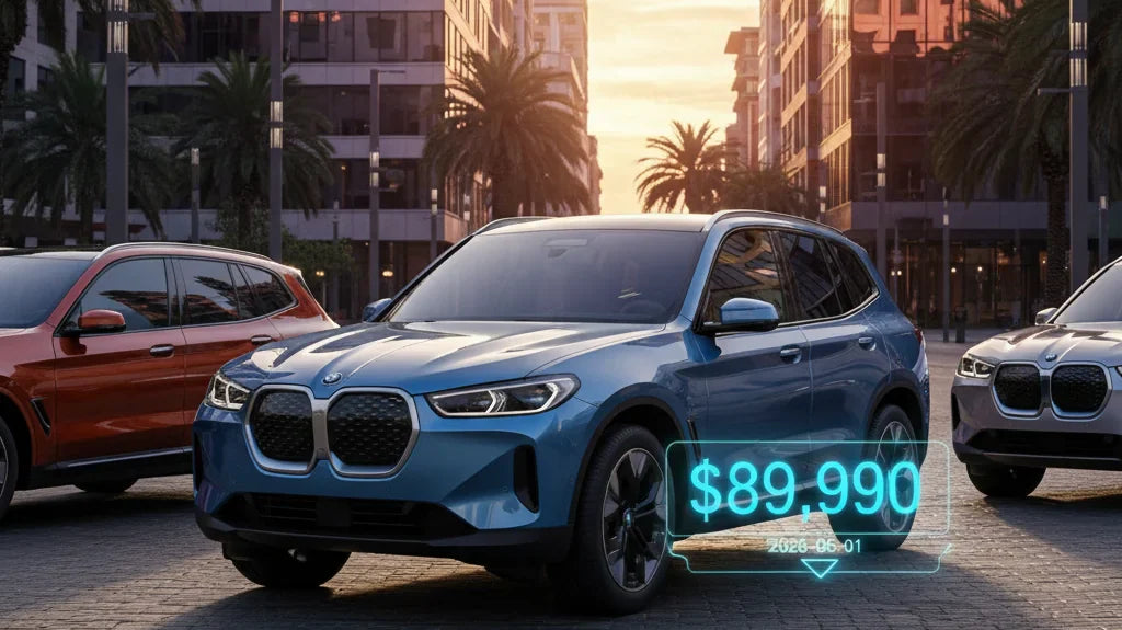 Editorial photo-realistic HERO image for automotive news (2026-06-01). Feature BMW vehicles specifically iX3. Scene: A sleek new BMW iX3 parked in an