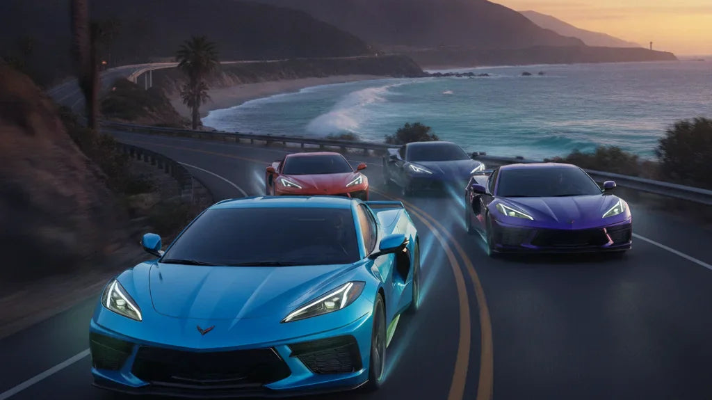 Editorial photo-realistic HERO image for automotive news (2026-06-13). Feature Chevrolet vehicles specifically Corvette E-Ray. Scene: The 2026 Chevrol