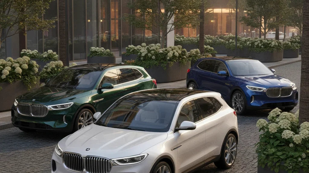 Editorial photo-realistic HERO image for automotive news (2026-06-15). Feature CarExpert vehicles specifically Best Luxury Small SUV. Scene: A luxurio