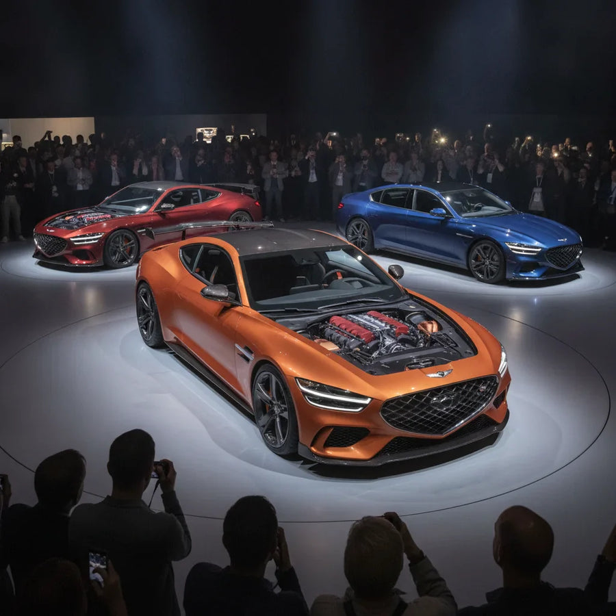 Editorial photo-realistic HERO image for automotive news (2026-06-16). Feature Brand1 and Genesis vehicles specifically Magma GT. Scene: The Genesis M