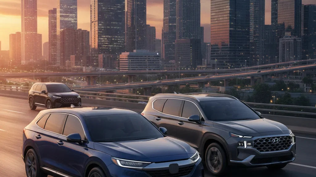 Editorial photo-realistic HERO image for automotive news (2026-06-23). Feature Honda and Hyundai vehicles specifically new rival SUV, Hyundai Santa Fe
