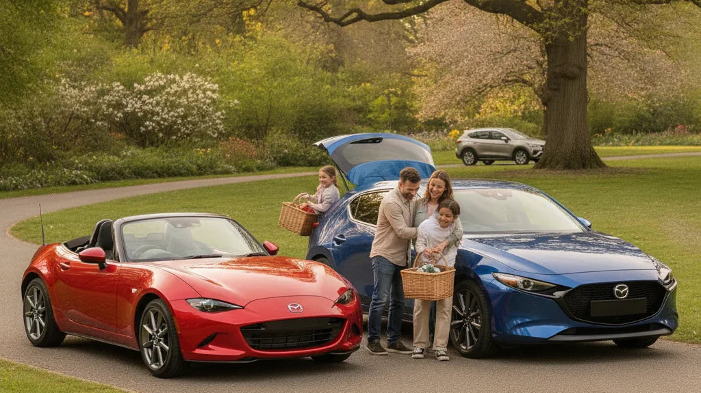 Editorial photo-realistic HERO image for automotive news (2026-06-28). Feature Mazda vehicles specifically MX-5, Mazda 3. Scene: A family enjoying a d