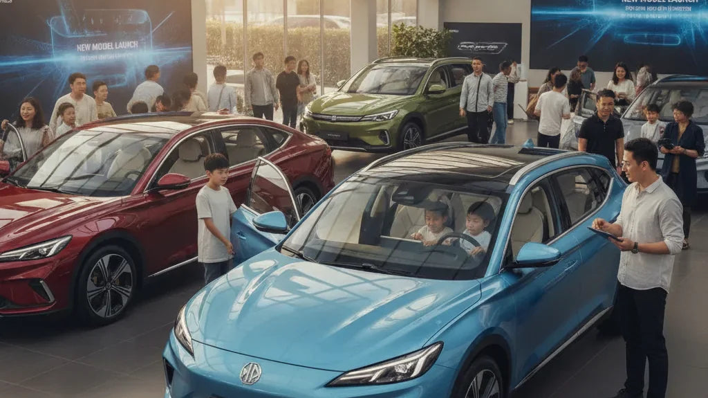 Editorial photo-realistic HERO image for automotive news (2026-07-02). Feature MG vehicles specifically MG S6 EV. Scene: A bustling dealership with ne