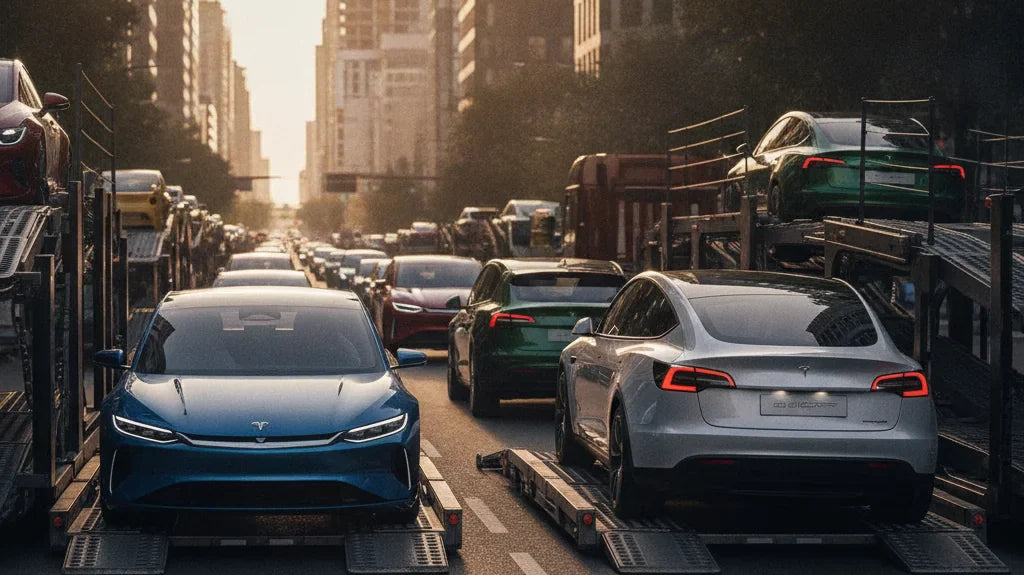 Editorial photo-realistic HERO image for automotive news (2026-07-03). Feature BYD and Tesla vehicles specifically Various. Scene: A bustling cityscap