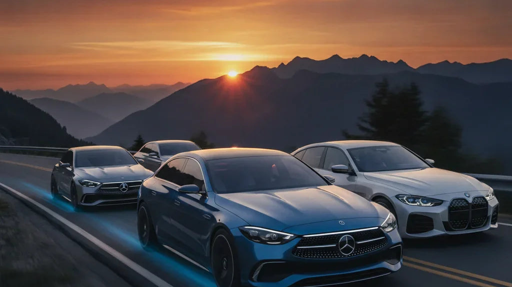 Editorial photo-realistic HERO image for automotive news (2026-07-04). Feature Mercedes and BMW vehicles specifically C-Class Electric. Scene: A sleek