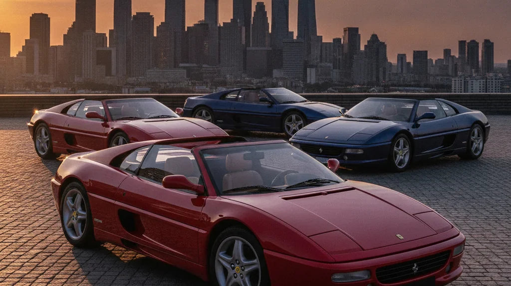 Editorial photo-realistic HERO image for automotive news (2026-07-05). Feature Ferrari vehicles specifically 355 GTS. Scene: A classic Ferrari 355 GTS