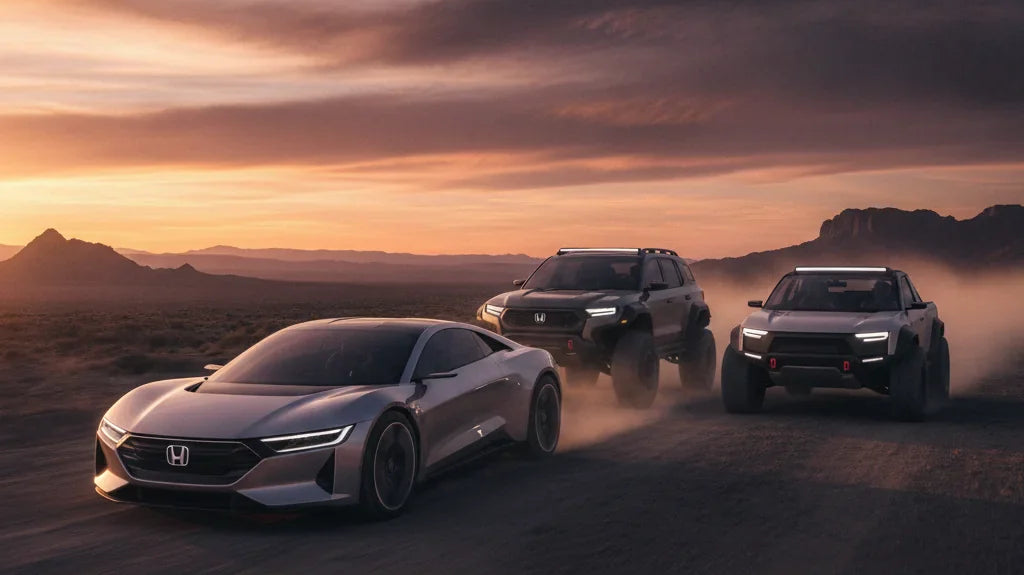 Editorial photo-realistic HERO image for automotive news (2026-07-10). Feature Honda vehicles specifically upcoming EVs, SUVs, ute. Scene: A dynamic o