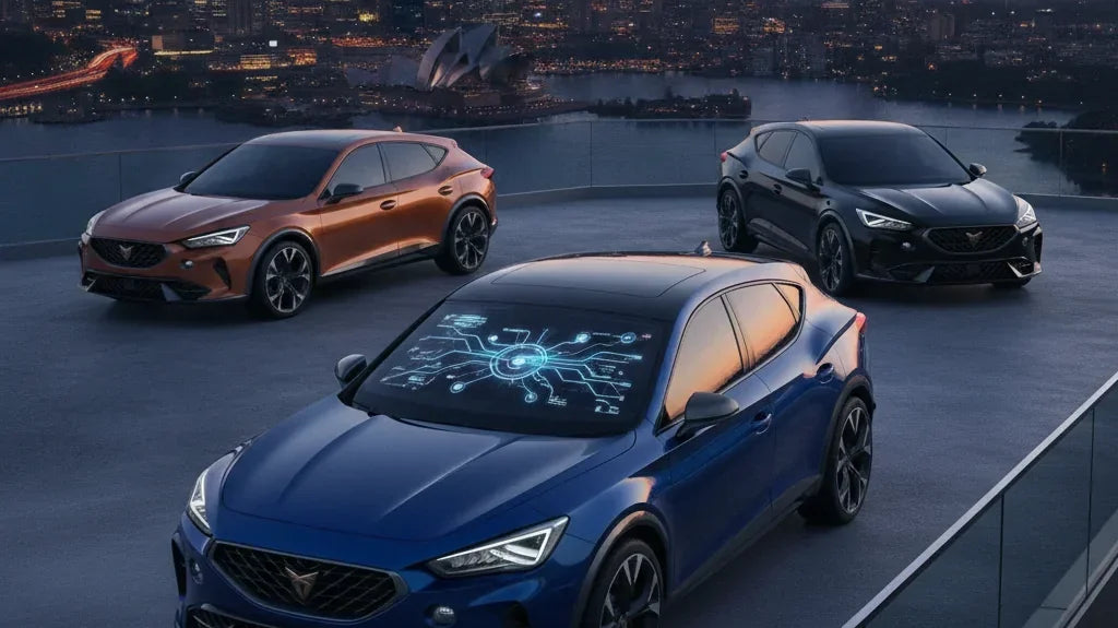 Editorial photo-realistic HERO image for automotive news (2026-07-27). Feature Cupra vehicles specifically Cupra Formentor. Scene: A sleek Cupra Forme