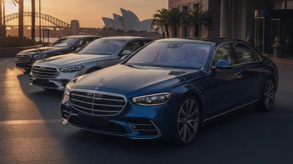 Editorial photo-realistic HERO image for automotive news (2026-08-06). Feature Mercedes-Benz vehicles specifically 2027 S-Class. Scene: A sleek 2027 M