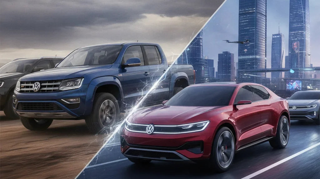 Editorial photo-realistic HERO image for automotive news (2026-08-25). Feature Volkswagen and Ford vehicles specifically Amarok, Ranger. Scene: A dram