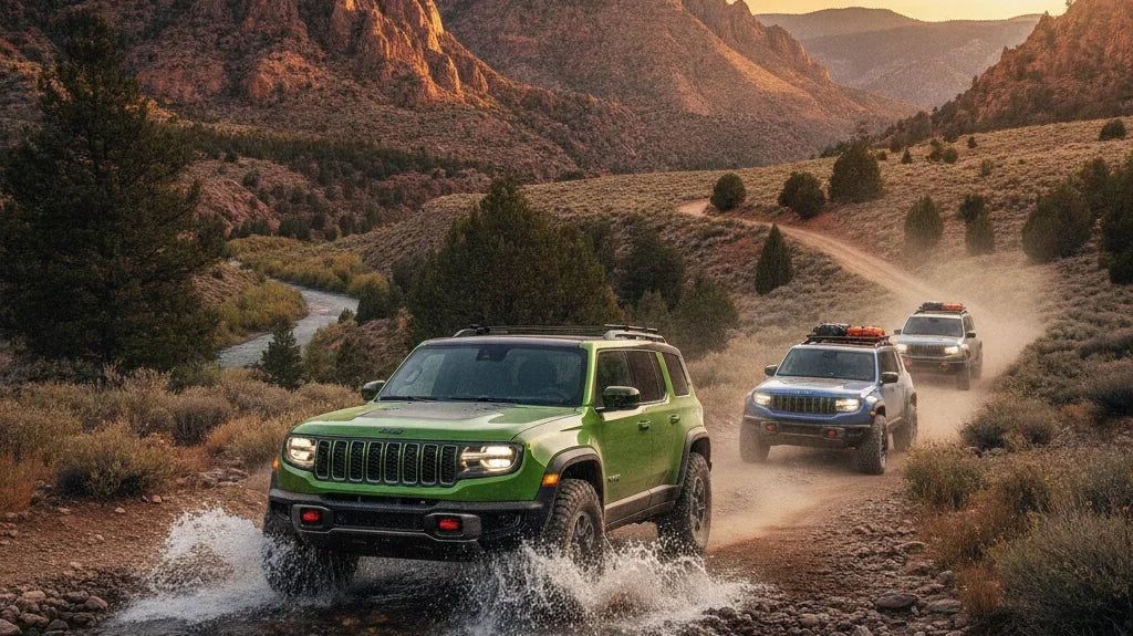 Editorial photo-realistic HERO image for automotive news (2026-08-29). Feature Jeep vehicles specifically Recon EV. Scene: A rugged Jeep Recon EV driv