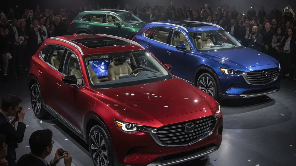 Editorial photo-realistic HERO image for automotive news (2026-09-01). Feature Mazda vehicles specifically specific larger SUV model. Scene: A dramati