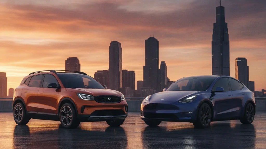 Editorial photo-realistic HERO image for automotive news (2026-09-18). Feature Smart and Tesla vehicles specifically Smart #5, Model Y. Scene: A sleek