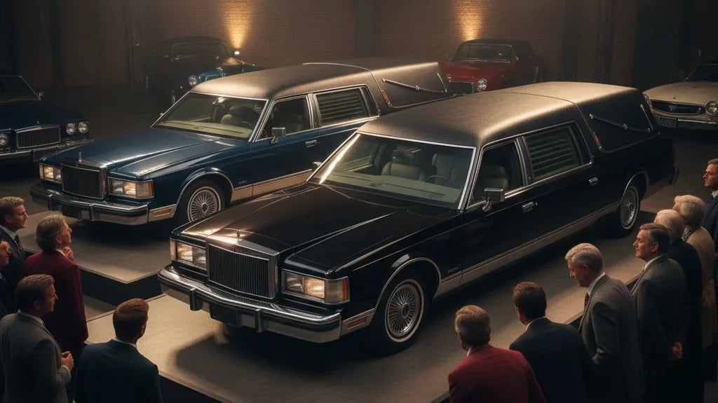 Editorial photo-realistic HERO image for automotive news (2026-10-03). Feature Lincoln vehicles specifically Town Car. Scene: A vintage Lincoln Town C