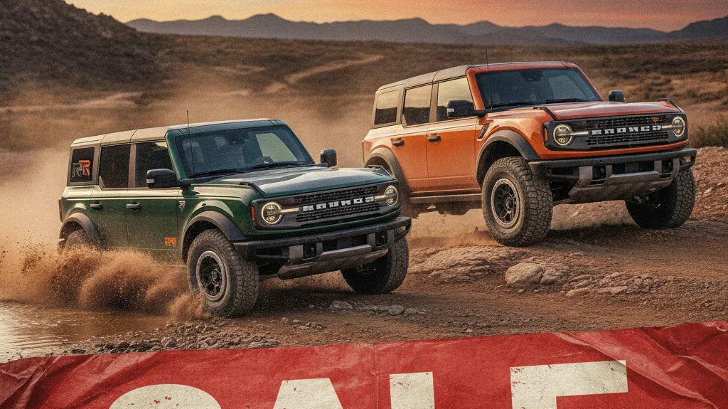 Editorial photo-realistic HERO image for automotive news (2026-10-06). Feature Ford vehicles specifically 2027 Bronco RTR, Bronco Raptor. Scene: A dra