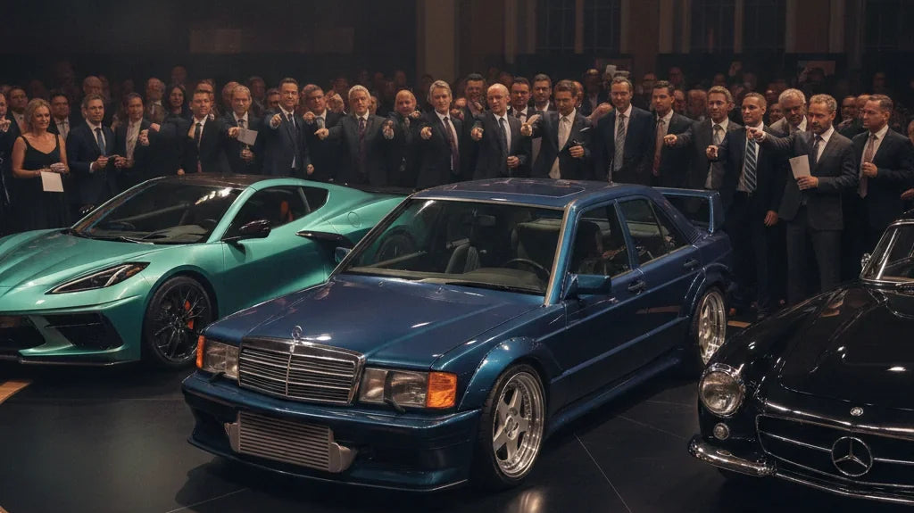 Editorial photo-realistic HERO image for automotive news (2026-10-10). Feature Callaway and Mercedes vehicles specifically Mercedes 190E Turbo. Scene: