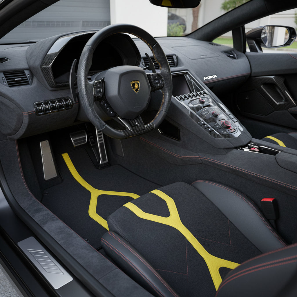 Tapis de voiture en cuir personnalisable avec motif triangle pour Lamborghini Aventador (2012-2022) - AutoWin