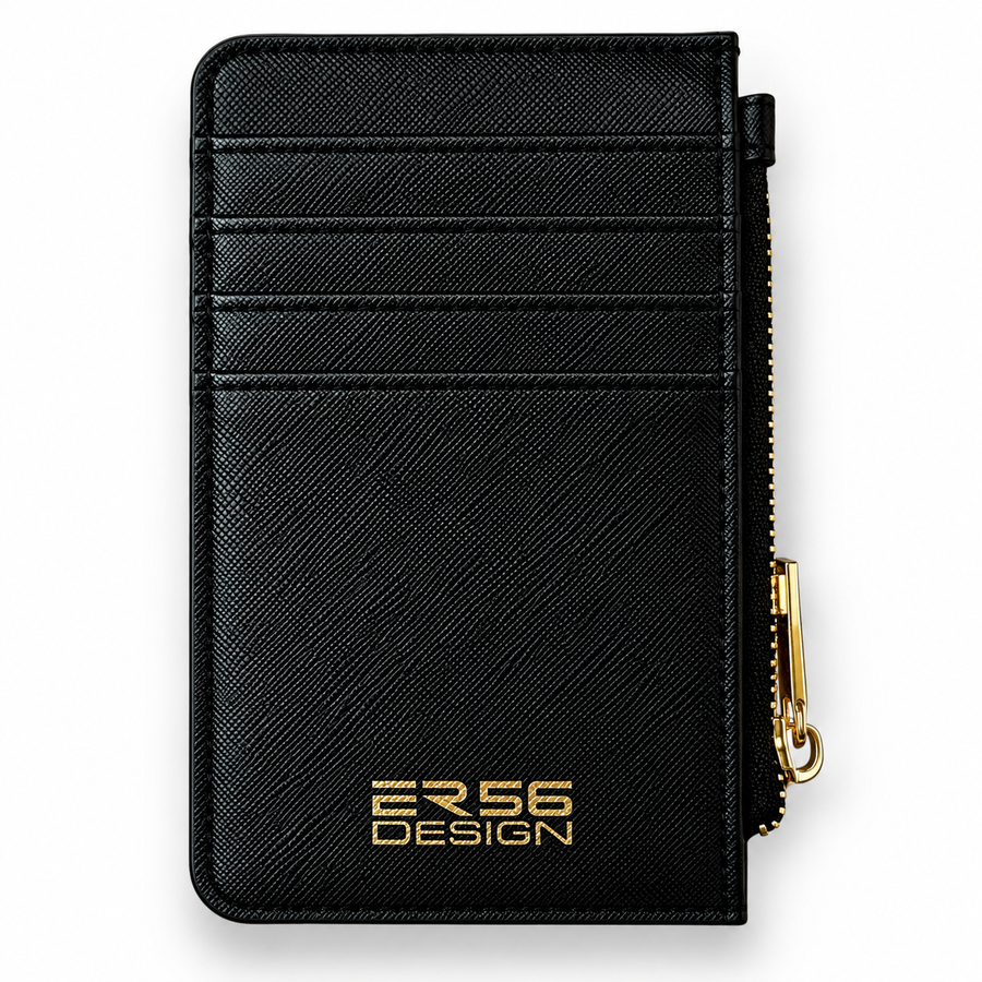 Tarjetero de Cuero Negro Diseño ER56 con Logo Dorado