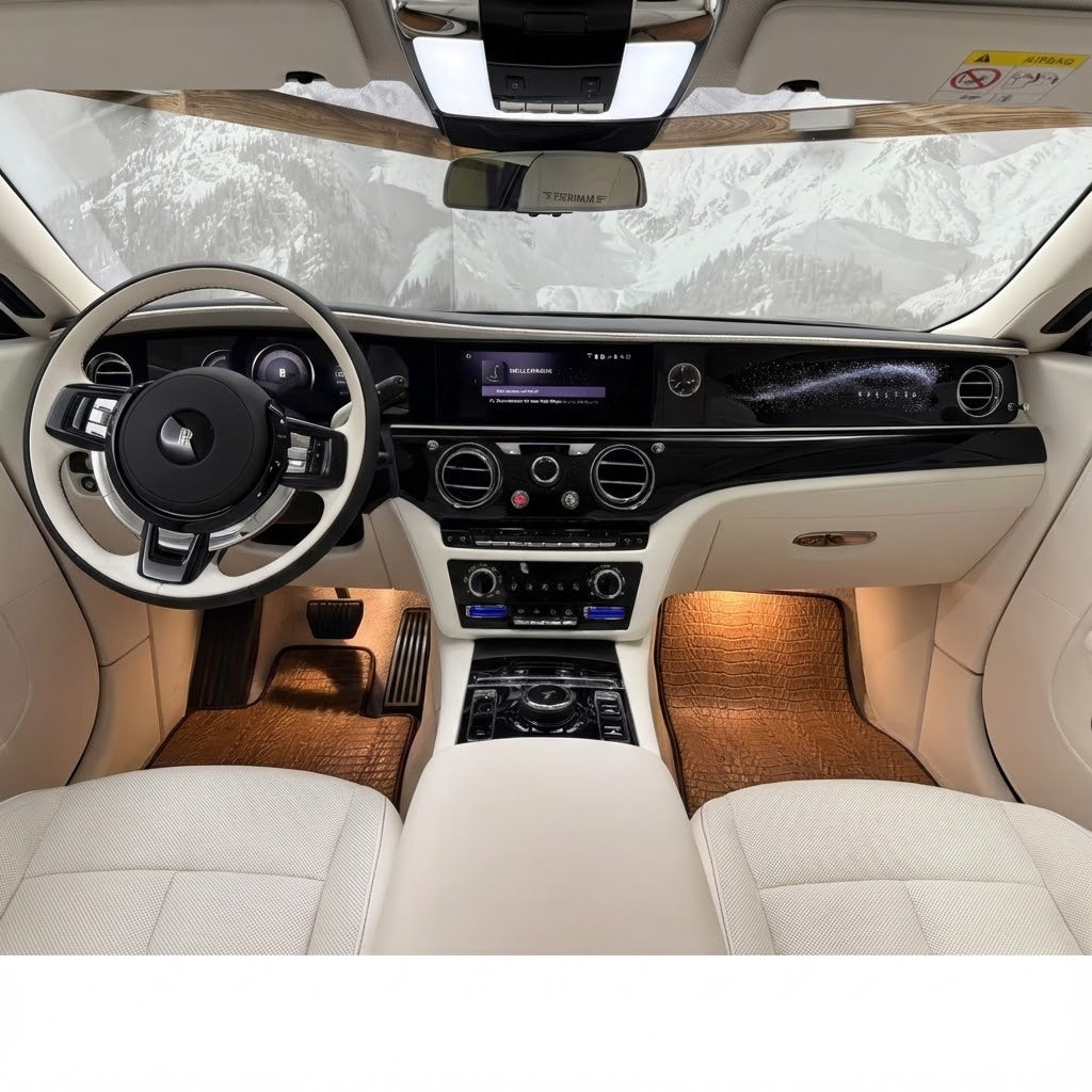 سجاد سيارات باللون الأسود لسيارة رولز رويس سبيكتر (2023-2024) مع حواف جلدية خضراء - AutoWin