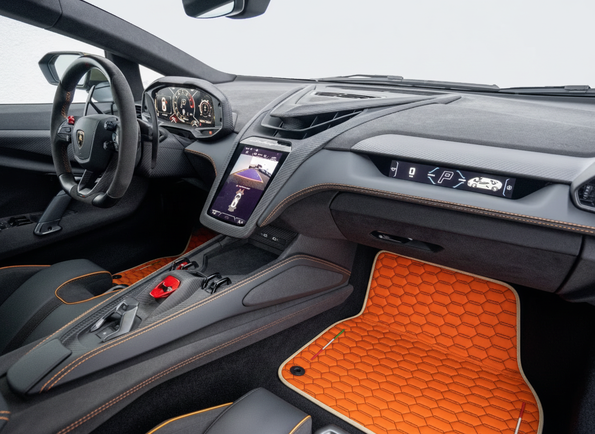 Tapis de voiture noir en cuir pour Lamborghini Revuelto (2024-2025) | Bord blanc - AutoWin