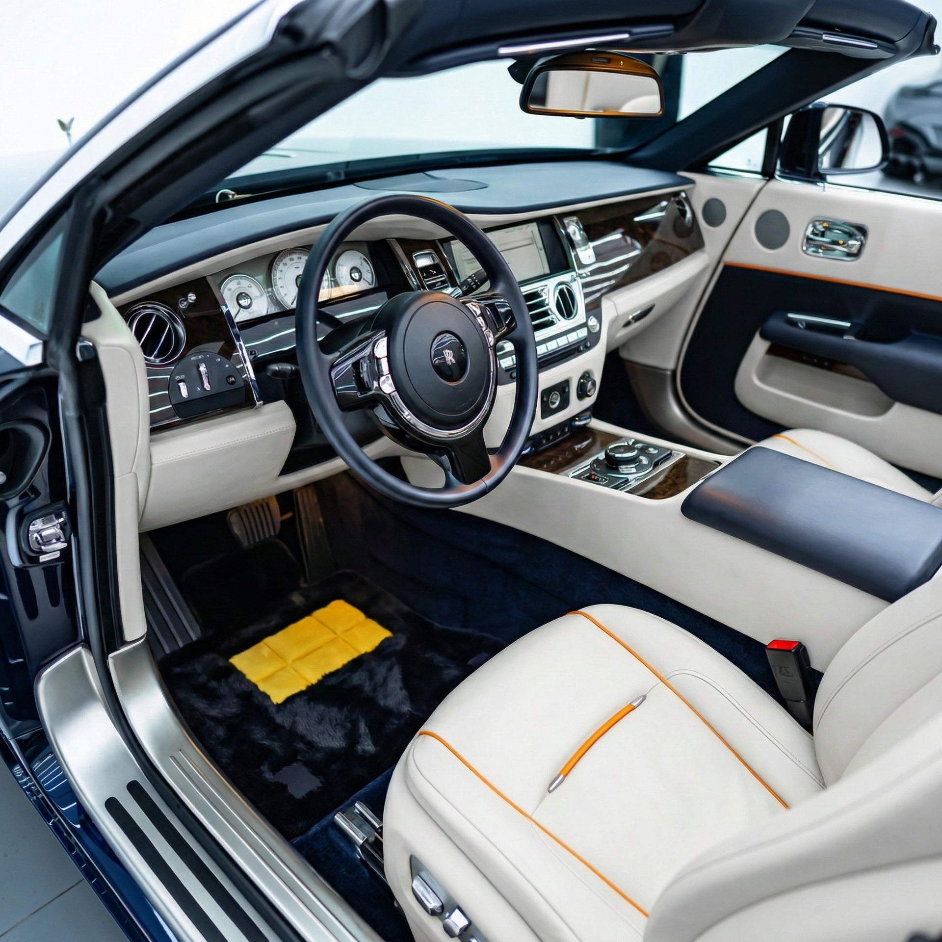 Custom Black Floor Mats for Rolls Royce Dawn (2016-2023) with Yellow Leather - AutoWin