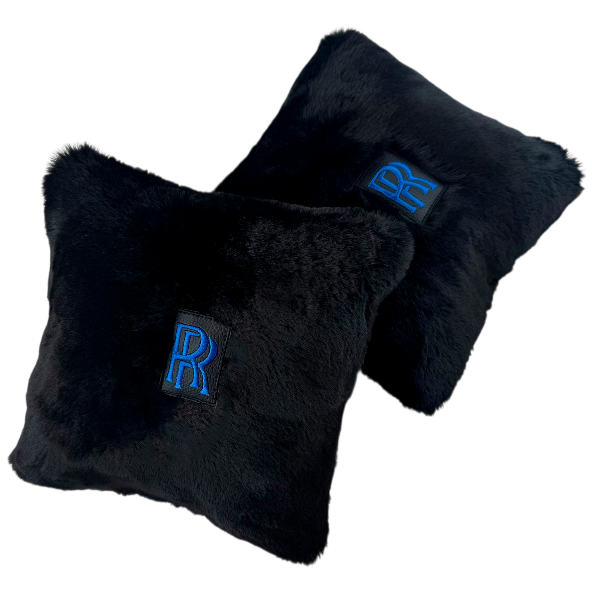Black Sheepskin Pillows Design Set of 2 for Rolls-Royce Vehicles - Blue Logo
