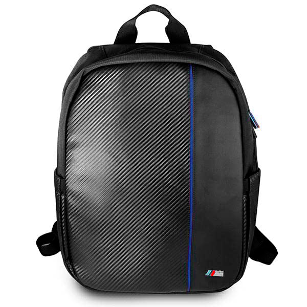 BMW 15.6" Laptop Black Backpack with Carbon Fiber Design | Blue Stripe