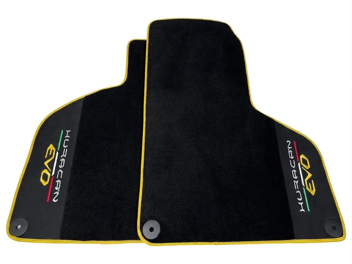 Black Floor Mats for Lamborghini Huracan EVO (2019-2024) with Black Alcantara Leather Yellow trim